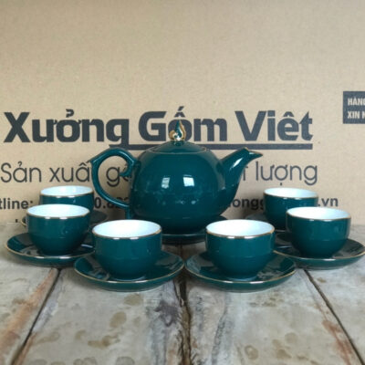 Bộ ấm chén màu xanh in logo dáng bầu tròn chóp lửa vẽ chỉ vàng XG-AC01