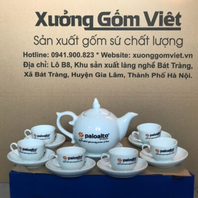 Bộ ấm chén in logo dáng bầu tròn màu trắng XG-AC24