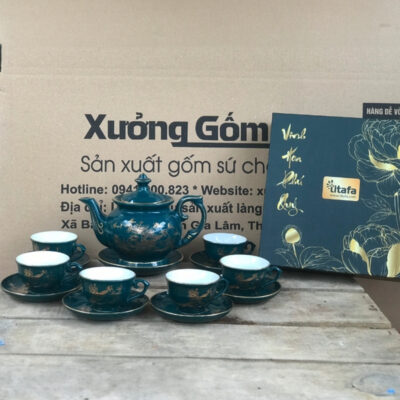 Bộ ấm chén in logo Vinh hoa phú quý dáng đài cát màu xanh họa tiết vẽ vàng XG-AC35