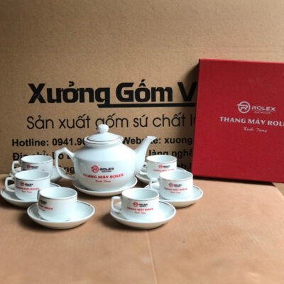 Bộ ấm chén in logo ROLEX dáng HongKong màu trắng XG-AC34