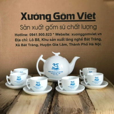 Bộ ấm chén Bát Tràng dáng trăng khuyết màu trắng vẽ tay XG-AC03