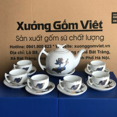 Bộ ấm chén in logo dáng trăng khuyết màu trắng vẽ viền kim XG-AC05
