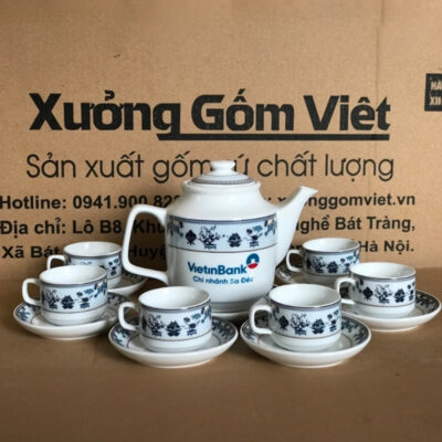 Bộ ấm chén in logo dáng tiệp màu trắng vẽ họa tiết in logo XG-AC09