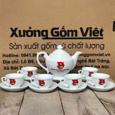 Bộ ấm chén in logo dáng Phú Quý màu trắng XG-AC14