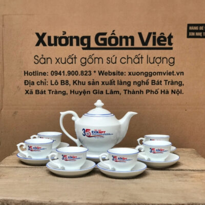 Bộ ấm chén Bát Tràng dáng Phú Quý màu trắng vẽ viền màu XG-AC15