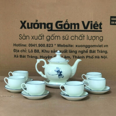 Bộ ấm chén Bát Tràng dáng Cát Tường vẽ họa tiết XG-AC16
