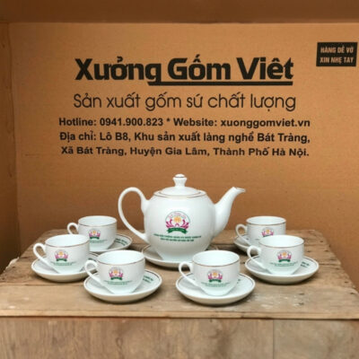 Bộ ấm chén in logo dáng Minh Long màu trắng vẽ viền kim XG-AC17