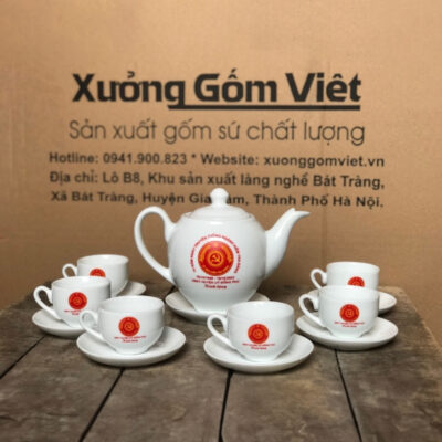 Bộ ấm chén in logo dáng Minh Long màu trắng vẽ tay XG-AC18