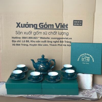 Bộ ấm chén gốm sứ Bát Tràng in logo Công ty CPSX & TM Bình Minh Home dáng đài cát họa tiết thuyền buồm xuôi gió màu xanh cổ vịt XG- AC106