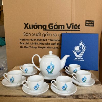 Bộ ấm chén gốm sứ Bát Tràng in logo Đại hội VIII thành phố Đà Nẵng màu trắng XG-AC115