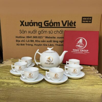 Bộ ấm chén gốm sứ Bát Tràng in logo TONY GROUP dáng bưởi cành màu trắng XG-AC112