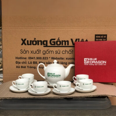 Bộ ấm chén in logo Blue Dragon dáng bầu tròn màu trắng XG-AC60