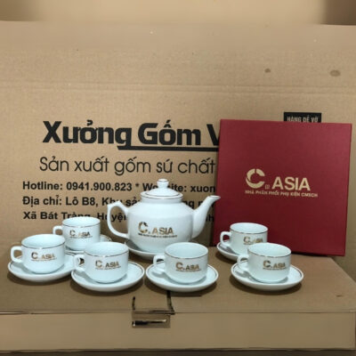 Bộ ấm chén in logo CASIA dáng vuông màu trắng viền kim XG-AC61