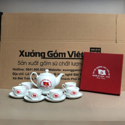 Bộ ấm chén in logo Chi bộ trường THPT Viên An dáng bầu tròn màu trắng XG-AC62