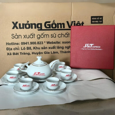 Bộ ấm chén in logo JT Express dáng vòi voi màu trắng viền kim XG-AC74
