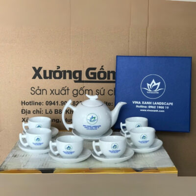 Bộ ấm chén in logo Vina Xanh Landscrape dáng bầu tròn màu trắng XG-AC88