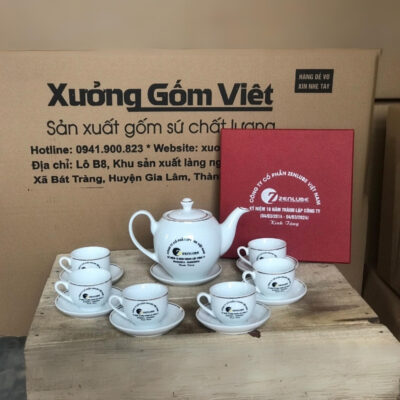 Bộ ấm chén in logo Công Ty cổ phần Zenlube Việt Nam dáng bầu tròn kẻ chỉ viền kim XG-AC50
