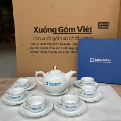 Bộ ấm chén gốm sứ Bát Tràng in logo dáng bầu tròn màu trắng XG-AC119