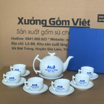 Bộ ấm chén in logo Ngân Hàng ACB dáng bầu tròn màu trắng trơn XG-AC54