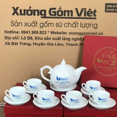 Bộ ấm chén in logo BIMICO dáng bầu tròn màu trắng XG-AC45