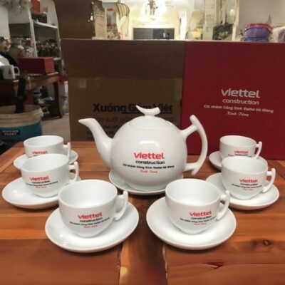 Bộ ấm chén in logo Viettel dáng trăng khuyết màu trắng XG-AC47