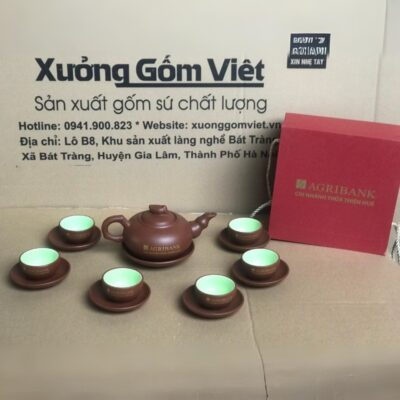 Bộ ấm chén tử sa in logo Agribank Chi nhánh Thừa Thiên Huế dáng lùn màu đất đỏ XG-AC58.