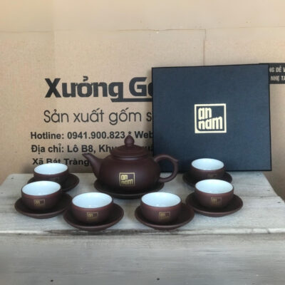 Bộ ấm chén tử sa in logo An Nam dáng bầu tròn mầu đất XG-AC92