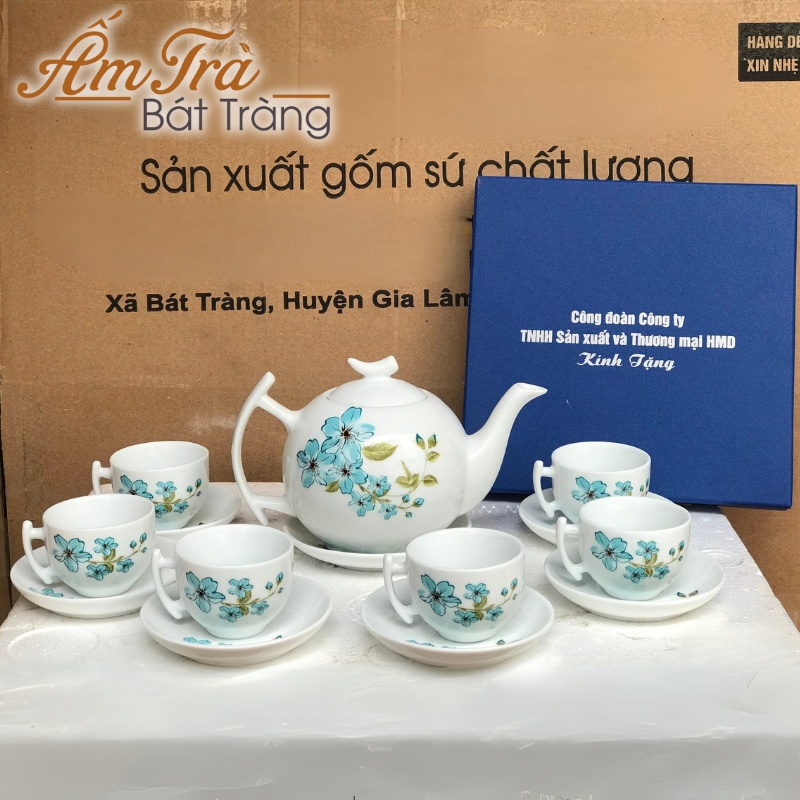 bộ ấm trà hoạ tiết hoa xanh decal quà tặng in logo dáng bưởi cành (2)