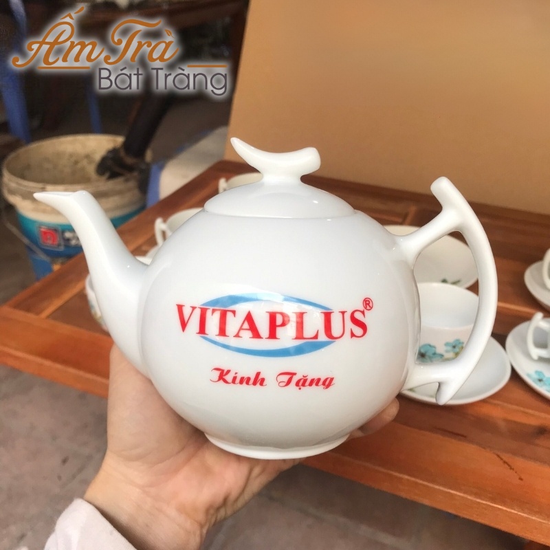 bộ ấm trà hoạ tiết hoa xanh decal quà tặng in logo dáng bưởi cành (3)