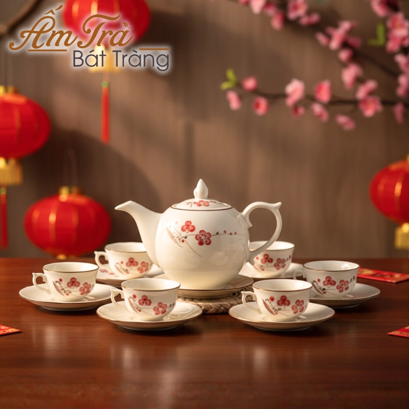 bộ ấm chén hoạ tiết decal in logo quà tặng Tết